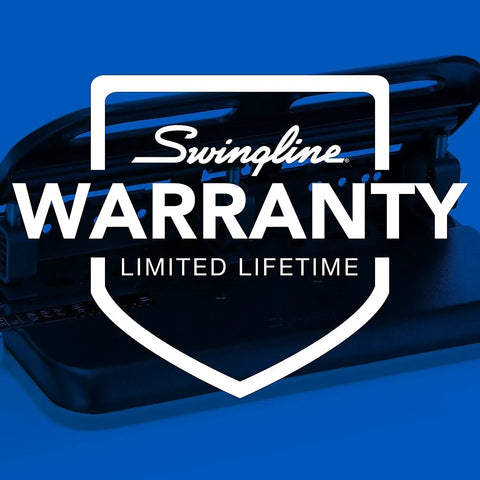 Heavy Duty Two To Seven Hole Punch With Semi Adjustable Heads Easy Touch Soft Grip Handle Twenty Four Sheet Capacity Durable Metal Construction Office Workhorse Punch For High Volume Black, featuring limited lifetime warranty badge on blue background.