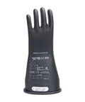 Class 1 Electrical Gloves Built From Natural Rubber For Real Deal Electrical Work OSHA NFPA CSA Certified Exceeding ASTM D120 And EN60903 Standards For Safe Hands On Live Wires, black glove front view.