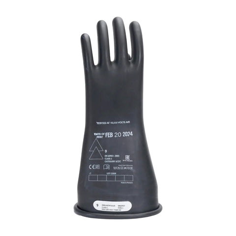 Class 1 Electrical Gloves Built From Natural Rubber For Real Deal Electrical Work OSHA NFPA CSA Certified Exceeding ASTM D120 And EN60903 Standards For Safe Hands On Live Wires, black glove front view.