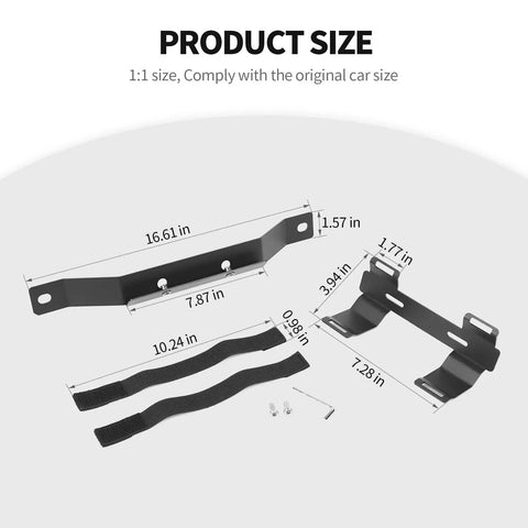 Under Front Seat Fire Extinguisher Bracket Mount for Dodge RAM 2018 to 2025 with nylon straps and dimensions displayed
