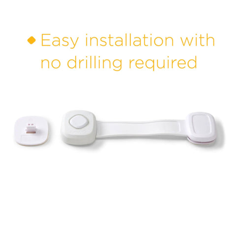 OutSmart Multi Use Lock 2 Pack White Easy No Drill Installation Pivots When Not In Use Decoy Button Tricks Curious Kids Hidden Functional Buttons Flexible Strap For A Custom Fit Cabinets Drawers And More