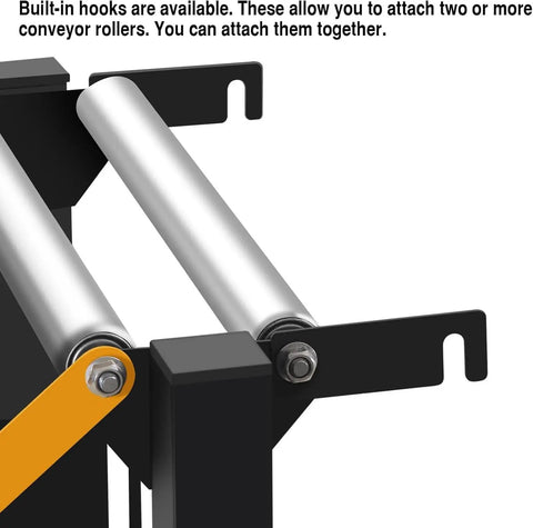Built-in hooks on a Heavy Duty Adjustable Roller Conveyor Stand with 18 Inch Wide Belt for connecting rollers securely.