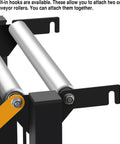 Rigmec Adjustable Gravity Conveyor Roller Stand With Expandable Infeed And Outfeed Support showing built-in hooks for roller attachment.