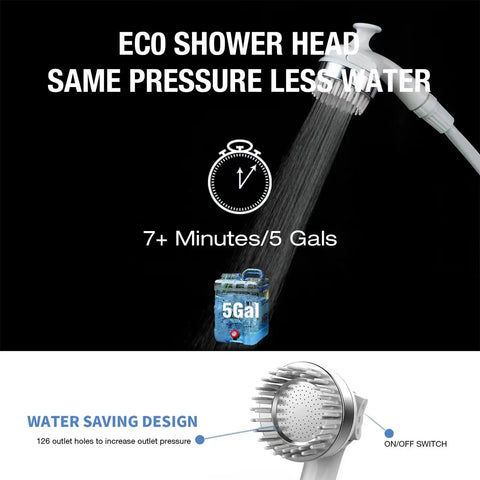 Portable Camping Shower Pump Powered By Four D Batteries, 0.66 Gallons Per Minute Flow, water-saving eco shower head design.