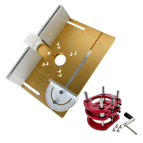 Boss Level Router Lift Table With Solid Insert Plate Kit And Easy Mount Handle For No Sweat Quick Assembly On Precise Woodworking Jobs Across The Shop Floor Flex, featuring golden plate and red adjustment ring.