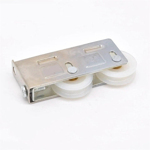 Smooth Operator Double And Single Wheel Sliding Door Pulley Rollers For Vinyl And Aluminum Track Slick Glide Heavy Duty Replacement Parts Four Pack, silver metal and white plastic design.