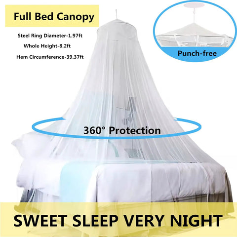 Kid Friendly Bed Canopy Mosquito Net For Girls Room Decor Insect Protection Hanging Bed Canopy For Adults And Babies Outdoor Camping Blue Single Door Easy Setup shown on bed with 360° protection.