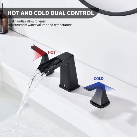 Matte Black Waterfall Bathroom Faucet For 8 Inch Widespread Sink Three Hole Two Handle Vanity Faucet With Pop Up Drain No Splash Quiet Operation And Durable Finish For Modern Home Bathrooms