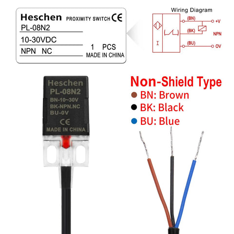 Square Inductive Proximity Sensor Switch PL08N2 8mm Detection Distance NPN NC 3 Wire Non Shield Type 17x17x35mm with wiring diagram