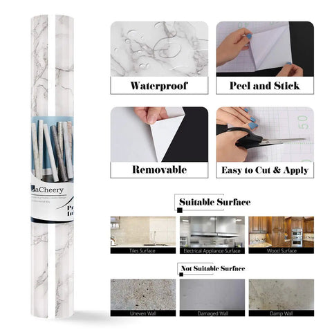 Gray White Faux Marble Contact Paper Peel And Stick Vinyl for Countertops Walls and Surfaces self-adhesive roll with features