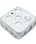 Galvanized 4 Inch Square Electrical Box With 1-1/2 Inch Depth, Ten 1/2 Inch And Six 3/4 Inch Knockouts, metal junction box visible