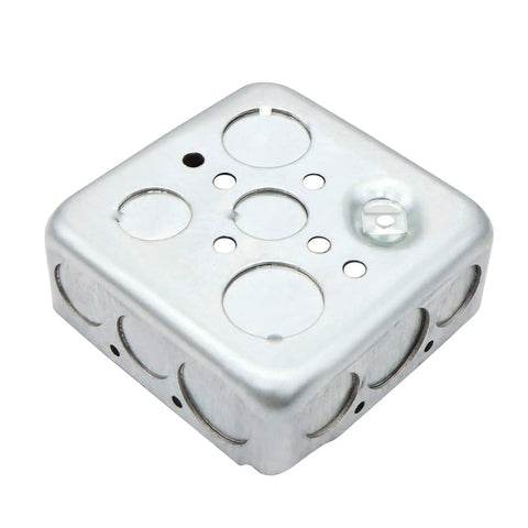 Galvanized 4 Inch Square Electrical Box With 1-1/2 Inch Depth, Ten 1/2 Inch And Six 3/4 Inch Knockouts, metal junction box visible
