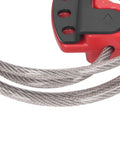 Close-up of Tagout Cable Lockout Device with Multi Hole Design for Industrial Safety, showing red nylon housing with PVC cable.