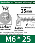 Diagram of M6 25mm stainless steel Torx countersunk screw with dimensions