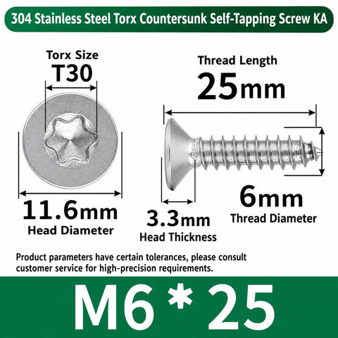 Diagram of M6 25mm stainless steel Torx countersunk screw with dimensions