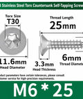 80 Piece M6 Hardware Kit With 20 Hex Nuts, 20 Phillips Pan Head Screws, 20 Hex Socket Flat Head Screws, And 20 Wide Flat Washers For Furniture, Woodworking, And DIY Repairs: 304 stainless steel M6*25 Torx T30 countersunk screw
