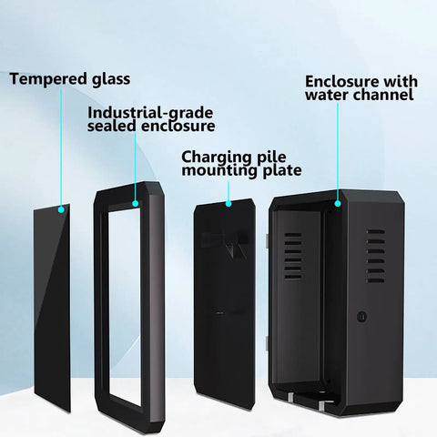 Wall Mount EV Charger Protector Box Waterproof Security Enclosure With Combo Lock Black Shell components showing tempered glass and mounting plate.