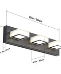 Three Light Black Vanity Lighting Fixture With Acrylic Shades, dimensions shown, Sleek Black Metal Frame, for Bathroom Mirror