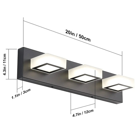 Three Light Black Vanity Lighting Fixture With Acrylic Shades, dimensions shown, Sleek Black Metal Frame, for Bathroom Mirror