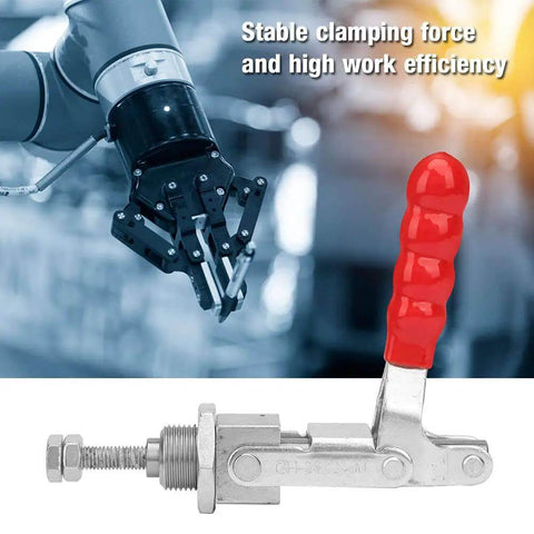 Industrial robot arm beside Push Pull Toggle Clamp With Stainless Steel Handle For Quick, Solid Holding In Machining And Assembly Tasks