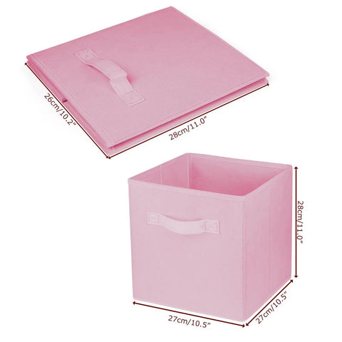 Super Durable Collapsible Storage Cubes 10 5 Inch Foldable Fabric Bins showing pink cube with dimensions 28cm x 27cm for storage.