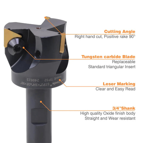Three Quarters Inch Shank Indexable End Mill With Two Inch Cutting Diameter And Three Replaceable Carbide Inserts For A Heavy Duty Milling Workhorse On CNC Machines, detailed view