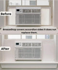 Before and after image of White Vinyl Foam Side Panels For Window AC Units Custom Trim To Fit, showing enhanced draft protection.