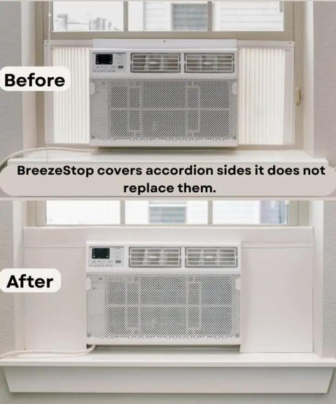Before and after image of White Vinyl Foam Side Panels For Window AC Units Custom Trim To Fit, showing enhanced draft protection.
