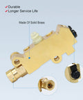 PV2 brass combination proportioning valve for disc/drum brakes, solid brass body with black adjustment knob, side view