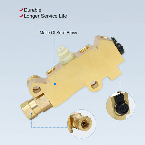 PV2 brass combination proportioning valve for disc/drum brakes, solid brass body with black adjustment knob, side view