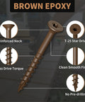 Tough As Nails 2 Inch Deck Screws Gauge 8 for Outdoor Wood Fences and Composite Boards with T-25 Star Drive and Brown Epoxy finish.