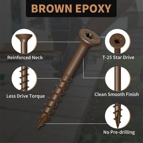 Tough As Nails 2 Inch Deck Screws Gauge 8 for Outdoor Wood Fences and Composite Boards with T-25 Star Drive and Brown Epoxy finish.