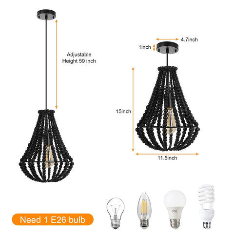 Dope Boho Wood Bead Chandelier Pendant Light 1 Light Black Farmhouse Ceiling Fixture 16.5 Inch with bulb details