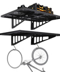 Heavy Duty Garage Wall Shelves 2 Pack 2x3 Ft Wall Mounted Storage Racks With Four Hooks Up To 560 Lbs Total Capacity Perfect For Garage Kitchen Or Pantry Organization showing installed in garage with bike hanging