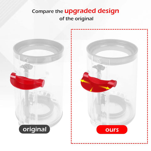 Comparison of original and upgraded dust bin trigger lever replacement for V10 V11 V15 SV12 SV14 Gen5 vacuum cleaners.