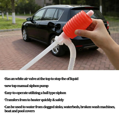 Heavy Duty Manual Hand Siphon Pump, High Flow Portable Fuel Extraction Hose For Gasoline Diesel And Motor Oil in use with car.