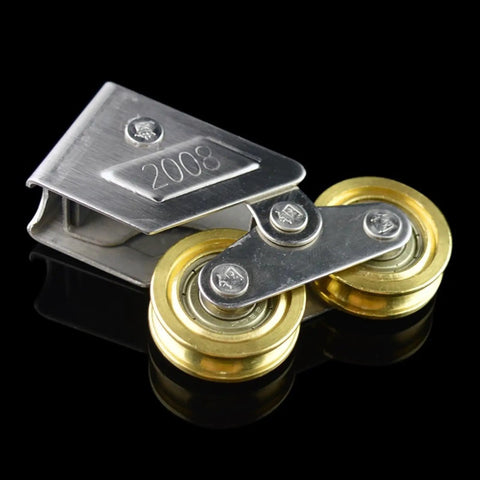 Heavy Duty Stainless Steel Sliding Door Track Rollers Paired With Twin Wheel Pulleys, detailed close-up of dual wheel design.