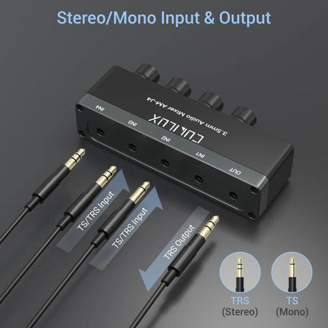 4 Channel Ultra Low Noise Mini Audio Mixer with 3.5mm Input for Guitars Bass and Keyboards, USB Powered Stereo Switcher shown