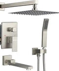 Brushed Nickel Tub And Shower Faucet Set With 10 Inch Rainfall Shower Head, Flexible Adjustable Handheld Sprayer, Rotating Tub Spout, And Rough In Valve Trim Kit For A Boss Bathroom Upgrade, showing separate components