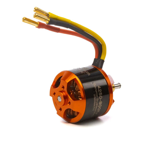 Premium 4250 Outrunner Brushless Motor At Eight Hundred Kv For Medium Fixed Wing Rc Planes, orange and black design, direct wiring.