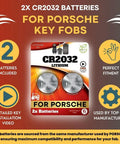 Two Pack CR2032 Key Fob Batteries For Porsche Quick Clean Swap For 911, 718 Boxster Cayman, Cayenne, Macan, product package view.