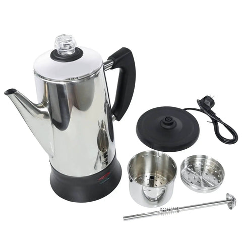 Percolator Coffee Pot Electric Brewer With Cool Touch Handle And Clear Brew Progress Knob 12 Cup No Fuss On Off Switch Keeps Coffee Warm Stainless Steel 360 Degree Swivel Base For Easy Brew View with components displayed