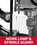 Heavy Duty 15 Inch Mill Drill Shop Beast With 1 Hp Motor work lamp, spindle guard, and chuck visible for precision metalworking.