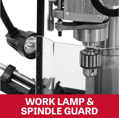 Heavy Duty 15 Inch Mill Drill Shop Beast With 1 Hp Motor work lamp, spindle guard, and chuck visible for precision metalworking.
