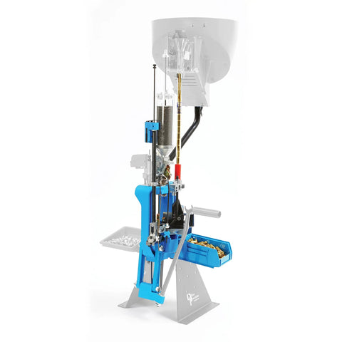 XL750 Auto Indexing Progressive Reloading Press for 9mm cartridges, showing 5-station setup, powder measure, and blue toolhead.