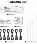 DEIGCYU LED Recessed Lighting Kit, 6 Pack Black Self-Adhesive Light Bars packing list showing power supply, controller and cords.
