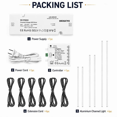 DEIGCYU LED Recessed Lighting Kit, 6 Pack Black Self-Adhesive Light Bars packing list showing power supply, controller and cords.
