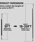 Diagram showing the product dimension of 16 AWG 20 Ft Black Coiled Extension Cord, illustrating coiled and stretched lengths.