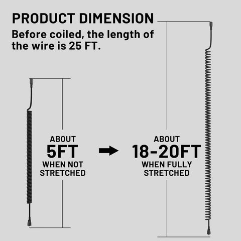 Diagram showing the product dimension of 16 AWG 20 Ft Black Coiled Extension Cord, illustrating coiled and stretched lengths.