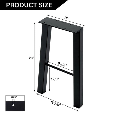 Diagram of 20 Inch Metal Coffee Table Legs Set Of 2 With Industrial Black Finish showing dimensions and pre-drilled holes.